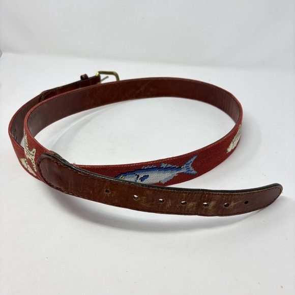 Smathers and Branson Needlepoint Belt Fish Red Canvas Brass Buckle Size 48 - Picture 8 of 10